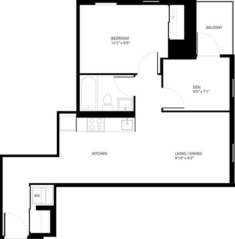 Floor plan for 1 bed, 1 bath, 655 sqft